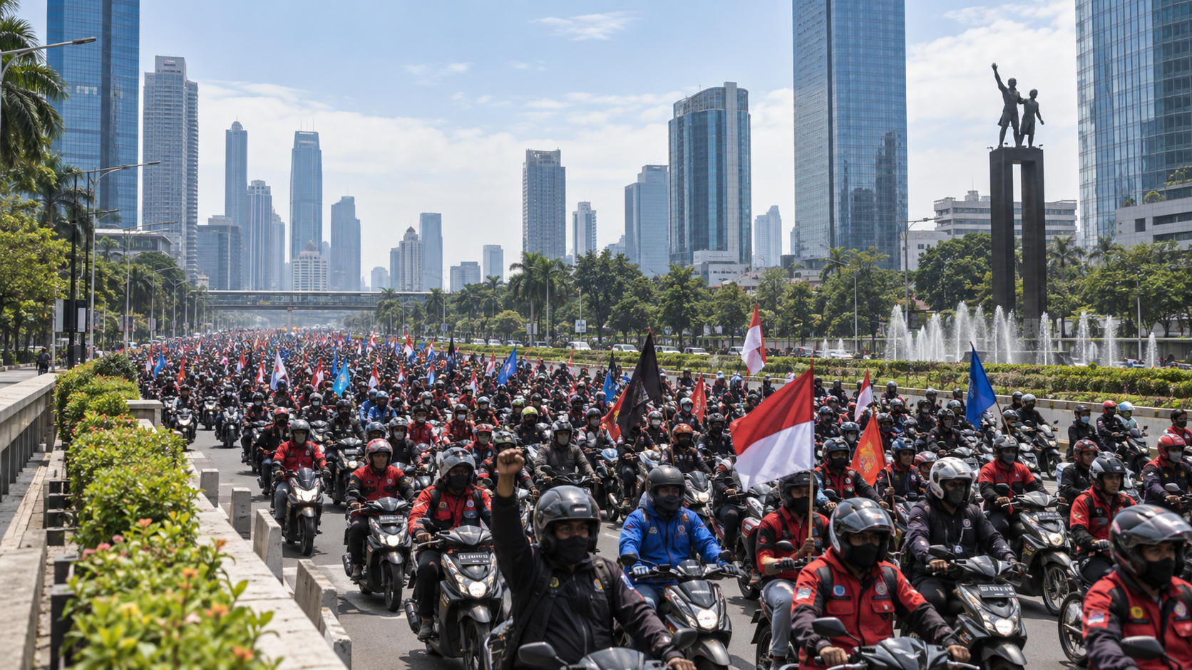 Demo Buruh: Konvoi Motor Padati Jalan Sudirman Jakarta