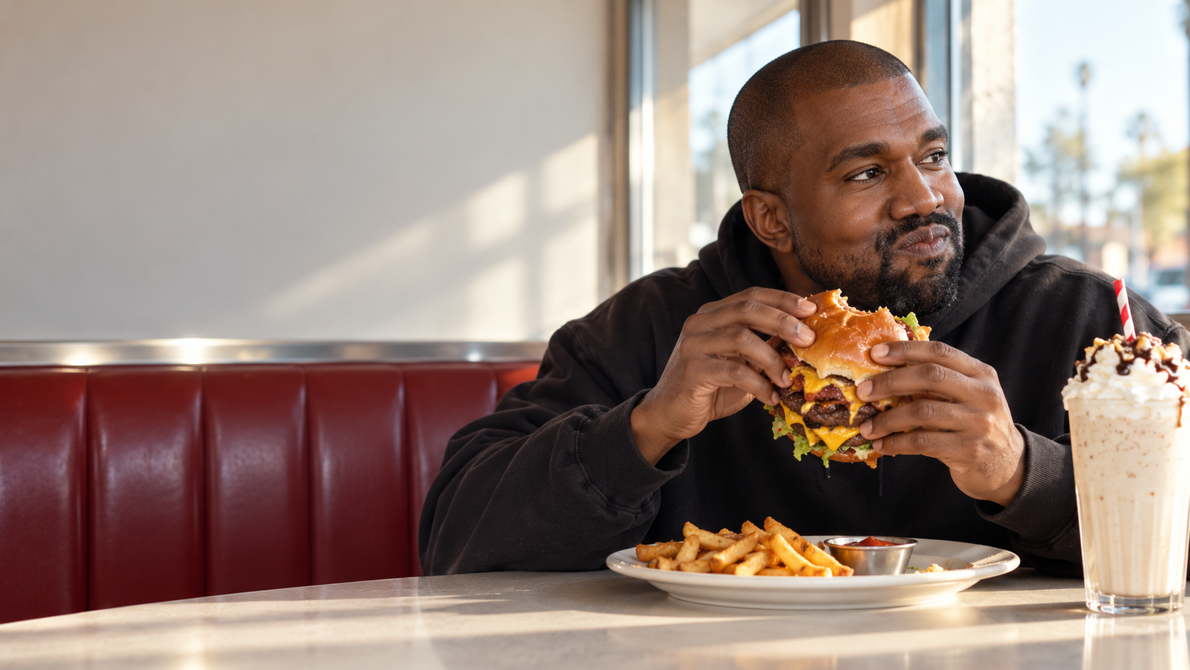 8 Potret Kanye West Menikmati Burger dan Milkshake Jumbo