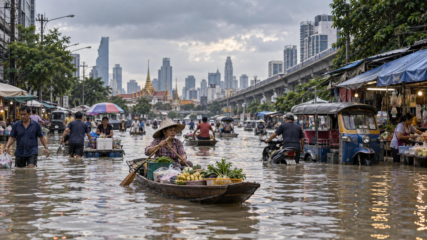 Banjir Rendam Jalan Bangkok, Tampak seperti Pasar Terapung