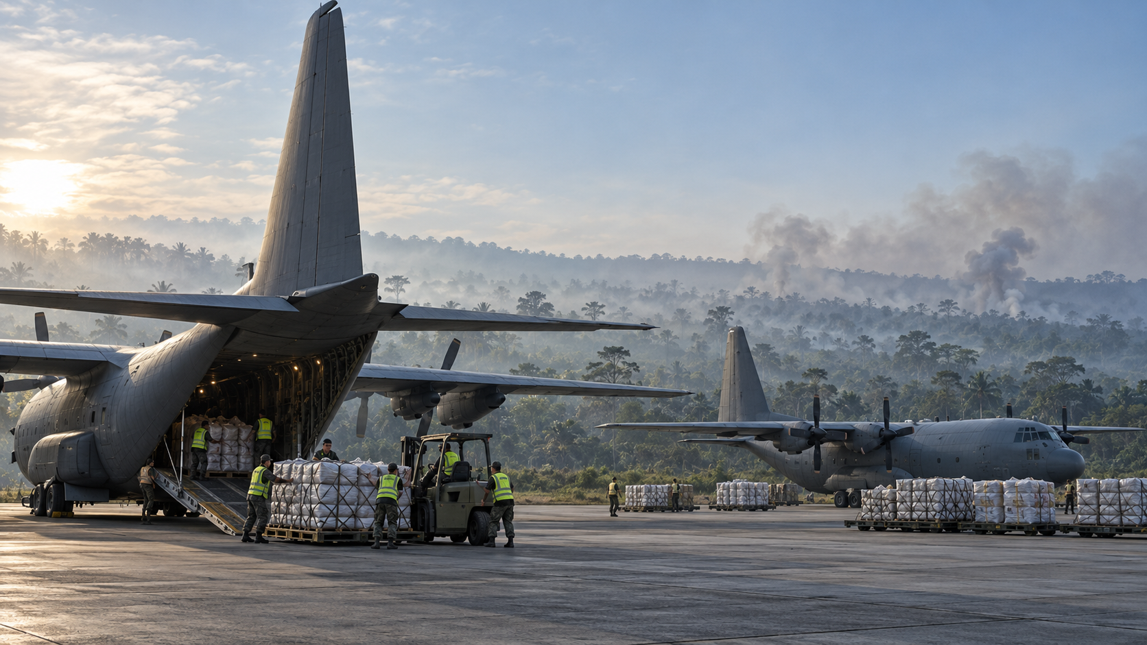TNI AU Angkut 9,6 Ton Bahan OMC Pakai Dua Hercules